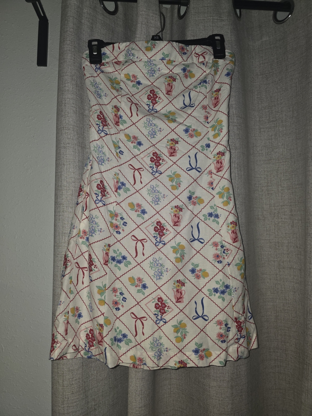 Jessica Simpson Cream Midi Strapless Dress with Multicolor Floral & Bow Print